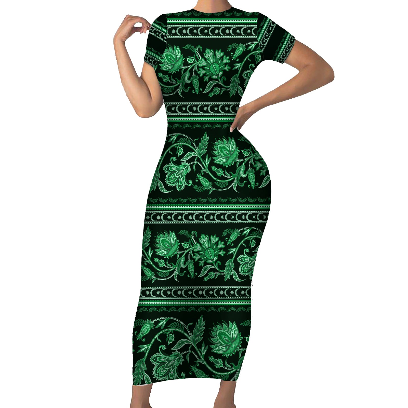 Azerbaijan Short Sleeve Bodycon Dress Traditional Pattern Ornament With Flowers Buta Green - Wonder Print Shop