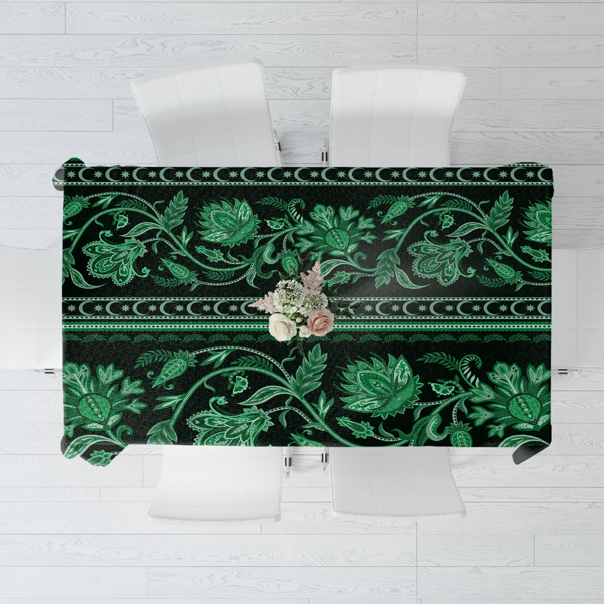 Green traditional tablecloth with ornate floral and buta pattern border