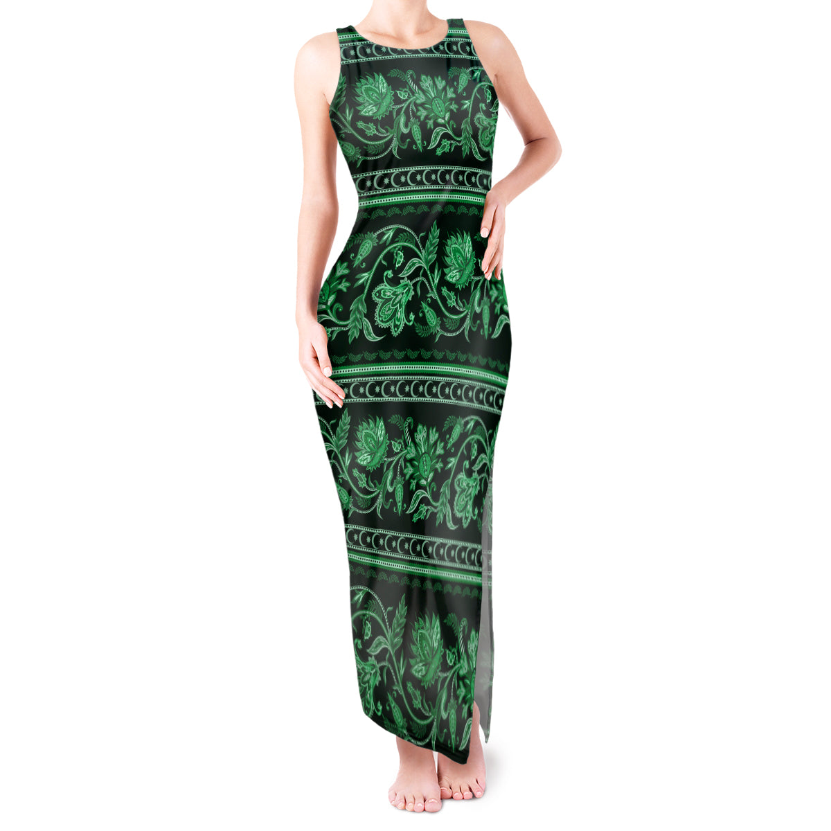 Azerbaijan Tank Maxi Dress Traditional Pattern Ornament With Flowers Buta Green - Wonder Print Shop