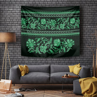 Green traditional tapestry with floral buta ornament and horizontal border bands