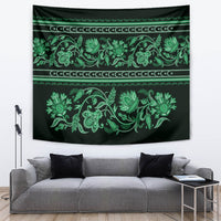 Green traditional tapestry with detailed floral vine ornament and wide striped border