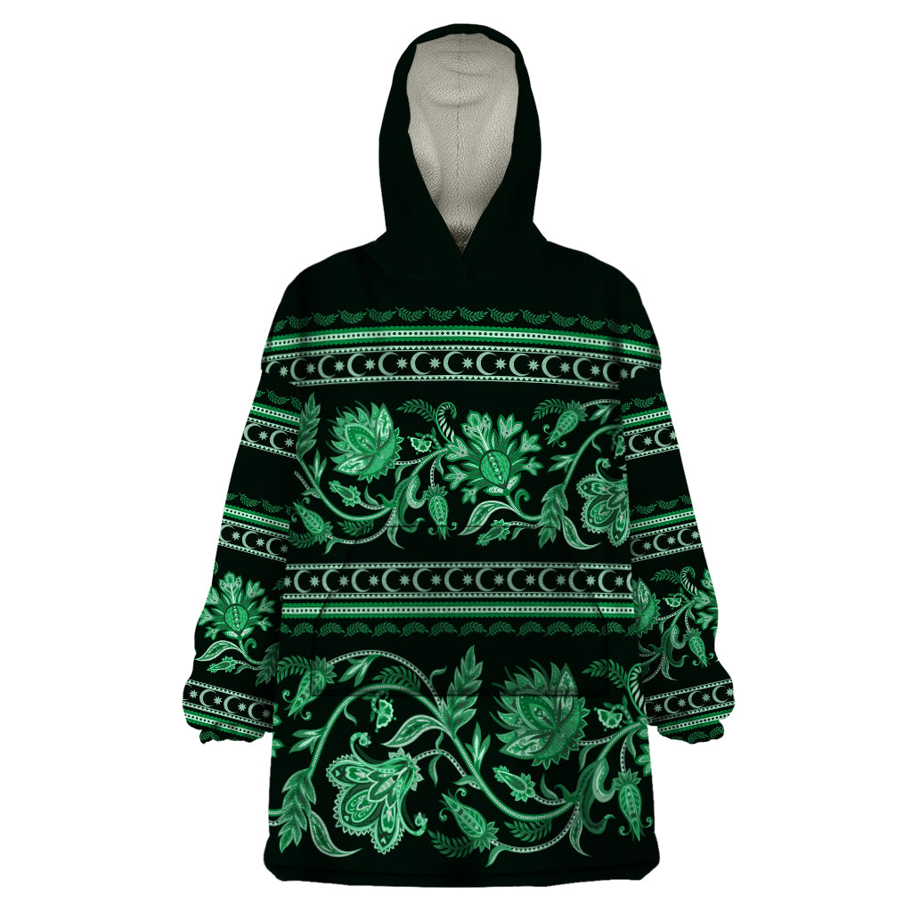 Azerbaijan Wearable Blanket Hoodie Traditional Pattern Ornament With Flowers Buta Green - Wonder Print Shop