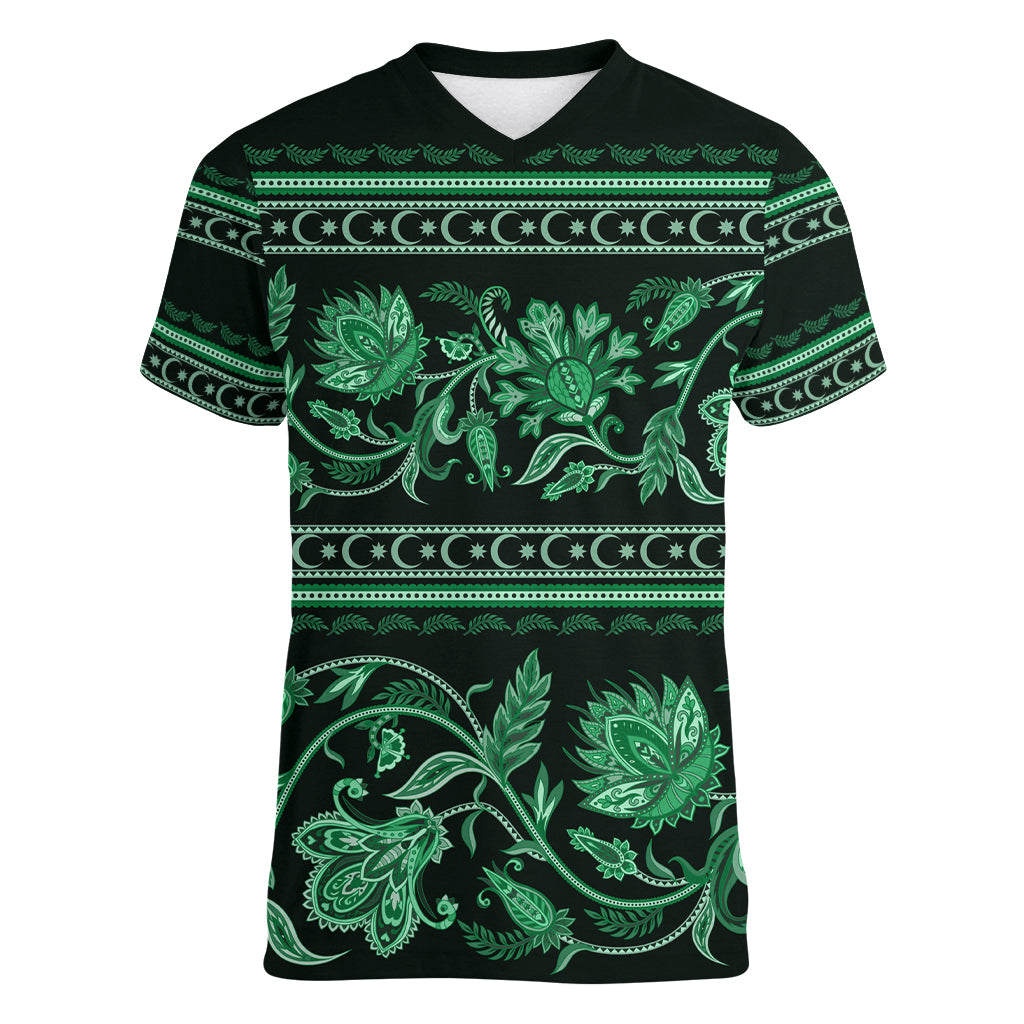 Azerbaijan Women V Neck T Shirt Traditional Pattern Ornament With Flowers Buta Green - Wonder Print Shop