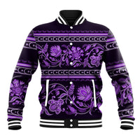 Violet baseball jacket with purple floral ornament and striped ribbed collar