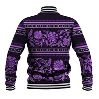 Violet baseball jacket with purple floral back graphic and striped ribbed hem