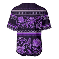 Violet baseball jersey with ornate purple floral banding across chest