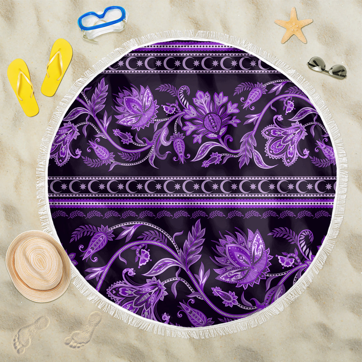 Azerbaijan Beach Blanket Traditional Pattern Ornament With Flowers Buta Violet LT9 - Wonder Print Shop