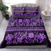 Violet duvet and pillowcase set with detailed floral buta ornament and border stripes