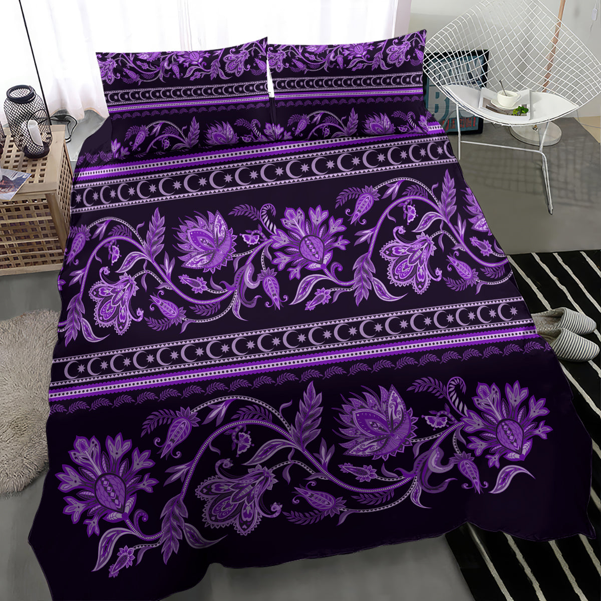 Violet bedding set featuring ornate floral buta motifs and horizontal decorative borders