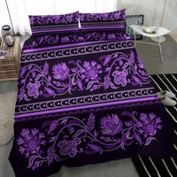 Violet bedding set featuring ornate floral buta motifs and horizontal decorative borders