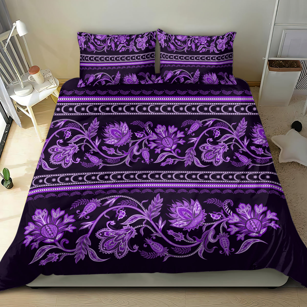 Violet bedding set with bold floral buta print and two coordinating pillowcases