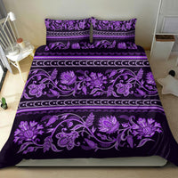 Violet bedding set with bold floral buta print and two coordinating pillowcases