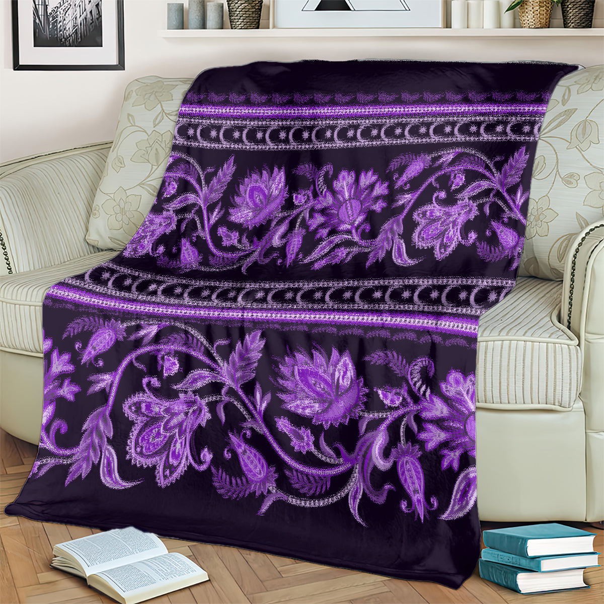 Violet traditional blanket with purple buta-like floral vines and horizontal band