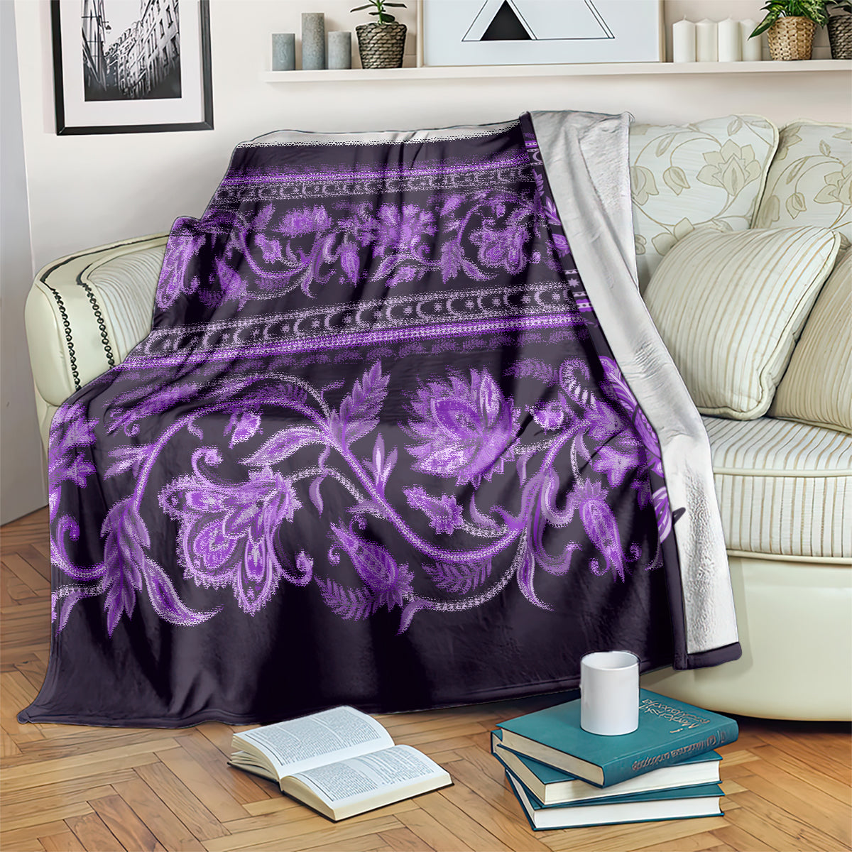 Violet patterned throw blanket with purple floral scrolls and decorative border