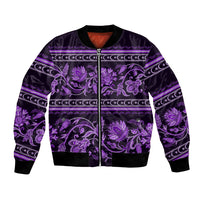 Violet bomber jacket with purple floral traditional pattern, front zip and ribbed cuffs