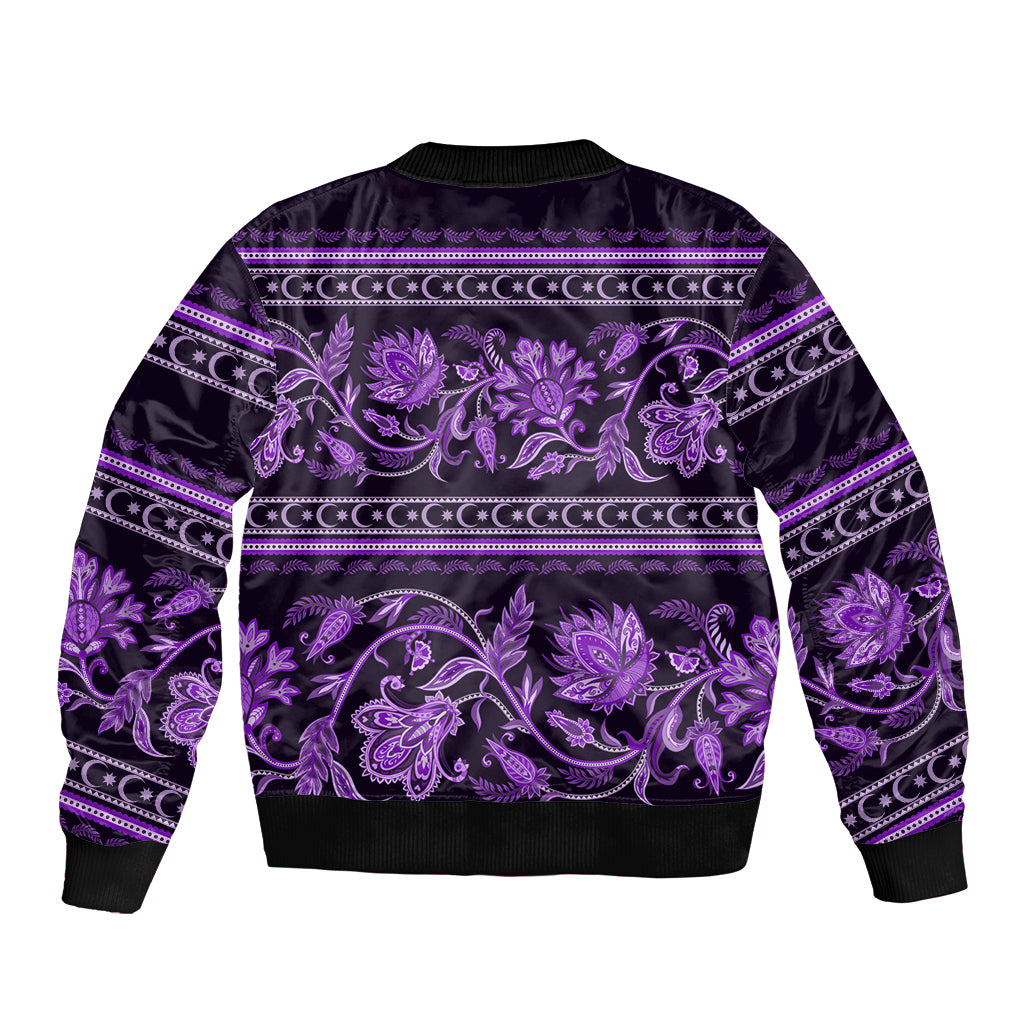 Violet bomber jacket with ornate purple vine motifs, ribbed collar, hem and sleeves