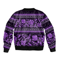 Violet bomber jacket with ornate purple vine motifs, ribbed collar, hem and sleeves