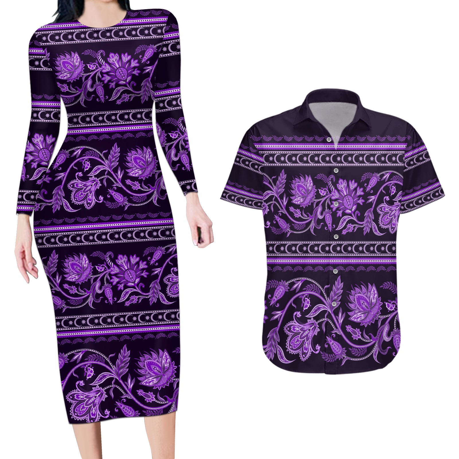 Azerbaijan Couples Matching Long Sleeve Bodycon Dress and Hawaiian Shirt Traditional Pattern Ornament With Flowers Buta Violet LT9 - Wonder Print Shop