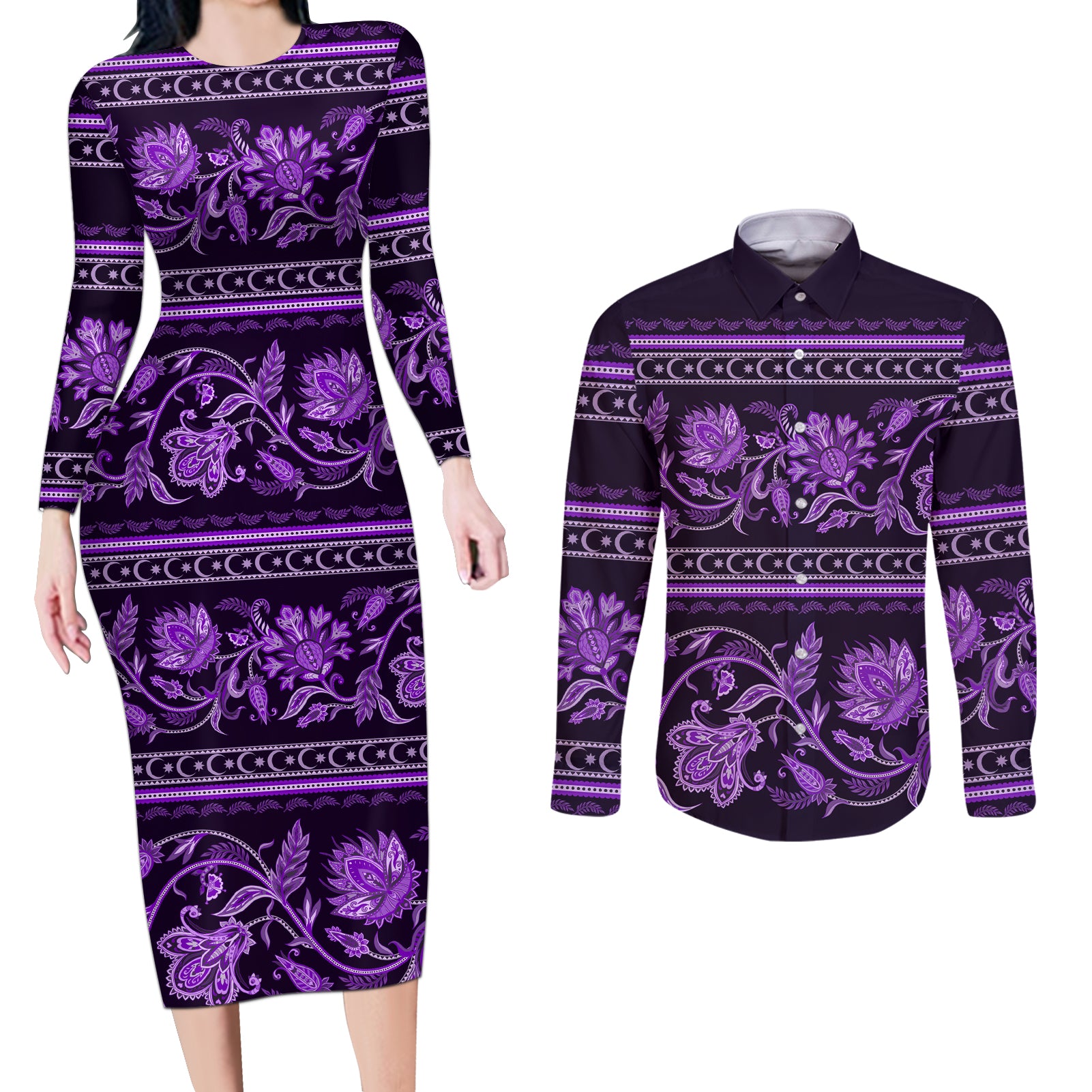 Azerbaijan Couples Matching Long Sleeve Bodycon Dress and Long Sleeve Button Shirts Traditional Pattern Ornament With Flowers Buta Violet LT9 - Wonder Print Shop