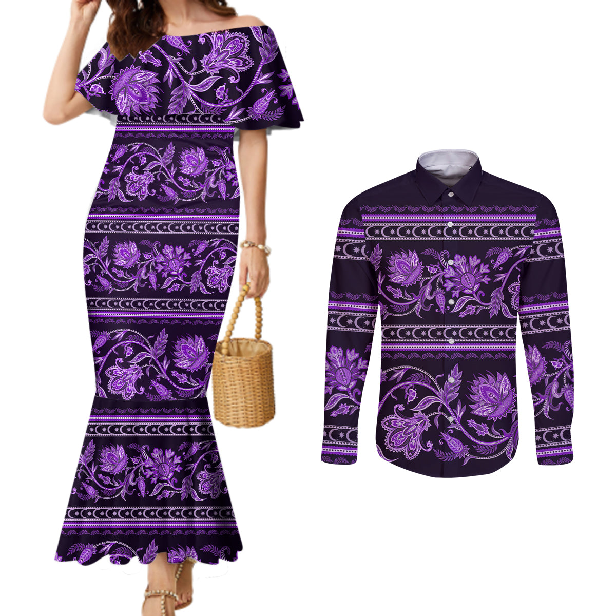 azerbaijan-couples-matching-mermaid-dress-and-long-sleeve-button-shirts-traditional-pattern-ornament-with-flowers-buta-violet