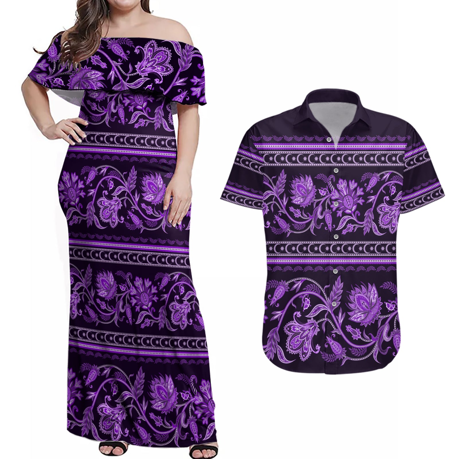 Azerbaijan Couples Matching Off Shoulder Maxi Dress and Hawaiian Shirt Traditional Pattern Ornament With Flowers Buta Violet LT9 - Wonder Print Shop