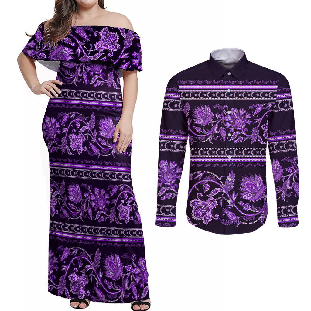 Azerbaijan Couples Matching Off Shoulder Maxi Dress and Long Sleeve Button Shirts Traditional Pattern Ornament With Flowers Buta Violet LT9 - Wonder Print Shop