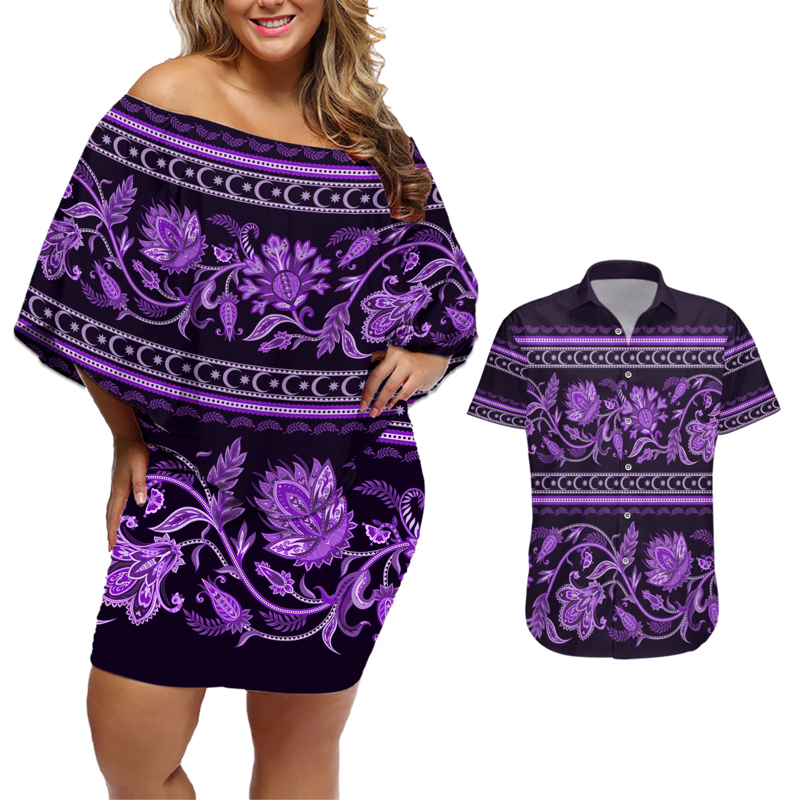 Azerbaijan Couples Matching Off Shoulder Short Dress and Hawaiian Shirt Traditional Pattern Ornament With Flowers Buta Violet LT9 - Wonder Print Shop