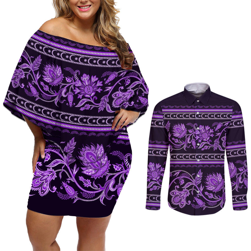 Azerbaijan Couples Matching Off Shoulder Short Dress and Long Sleeve Button Shirts Traditional Pattern Ornament With Flowers Buta Violet LT9 - Wonder Print Shop