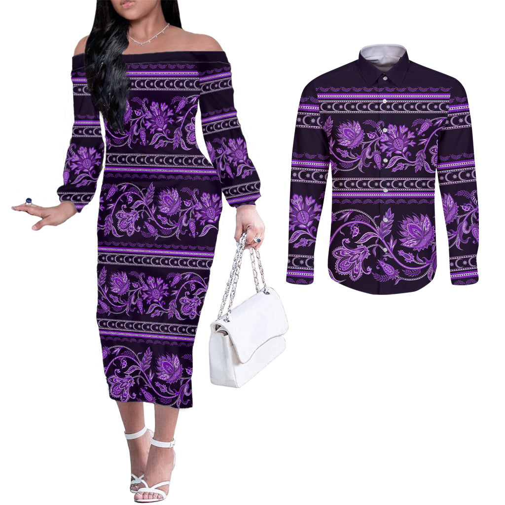 azerbaijan-couples-matching-off-the-shoulder-long-sleeve-dress-and-long-sleeve-button-shirts-traditional-pattern-ornament-with-flowers-buta-violet