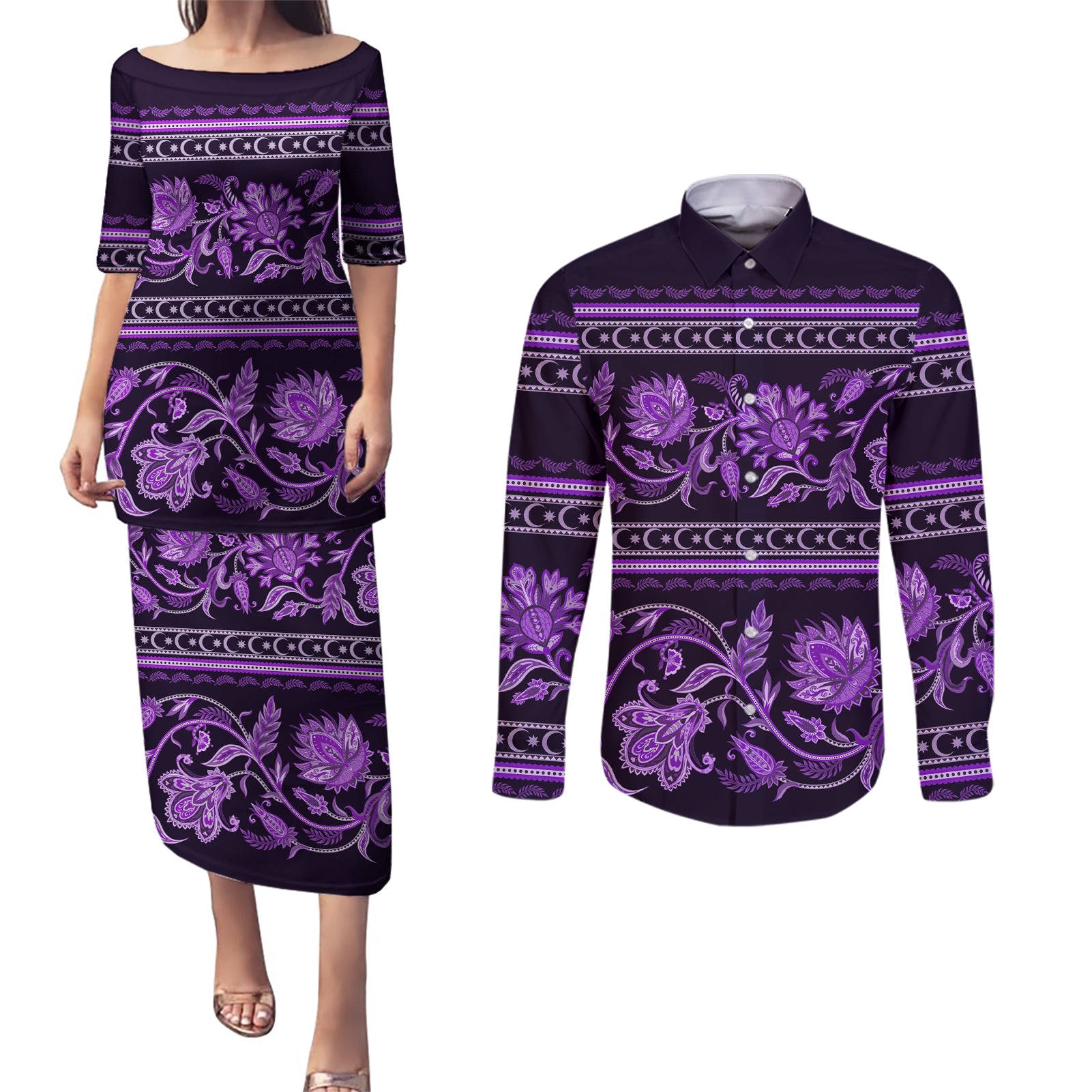 Azerbaijan Couples Matching Puletasi Dress and Long Sleeve Button Shirts Traditional Pattern Ornament With Flowers Buta Violet LT9 - Wonder Print Shop