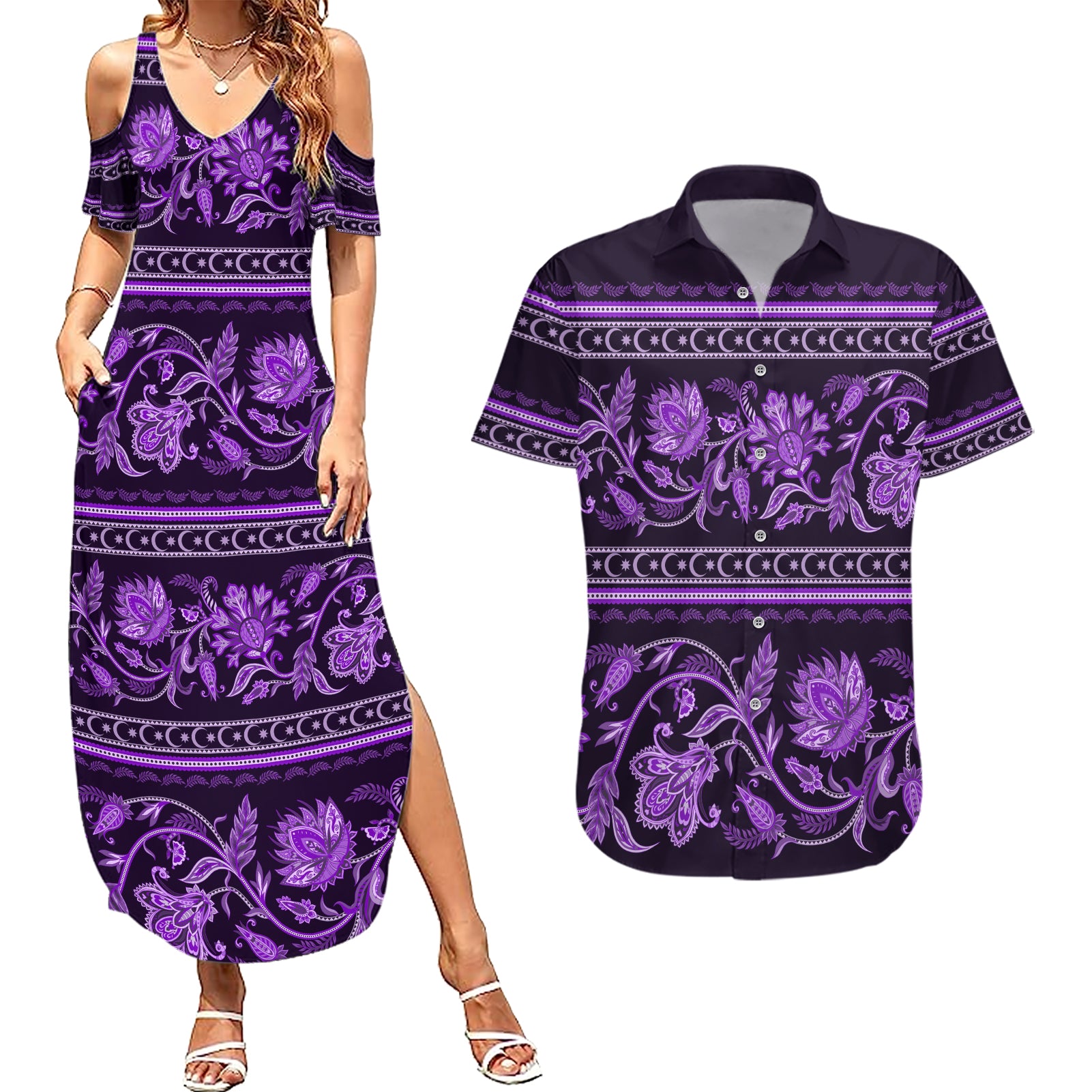 Azerbaijan Couples Matching Summer Maxi Dress and Hawaiian Shirt Traditional Pattern Ornament With Flowers Buta Violet LT9 - Wonder Print Shop