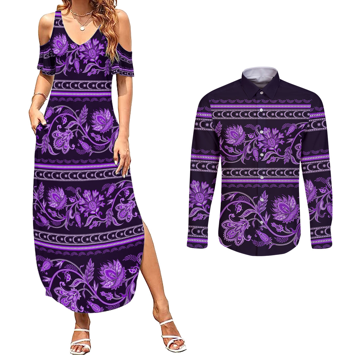 Azerbaijan Couples Matching Summer Maxi Dress and Long Sleeve Button Shirts Traditional Pattern Ornament With Flowers Buta Violet LT9 - Wonder Print Shop