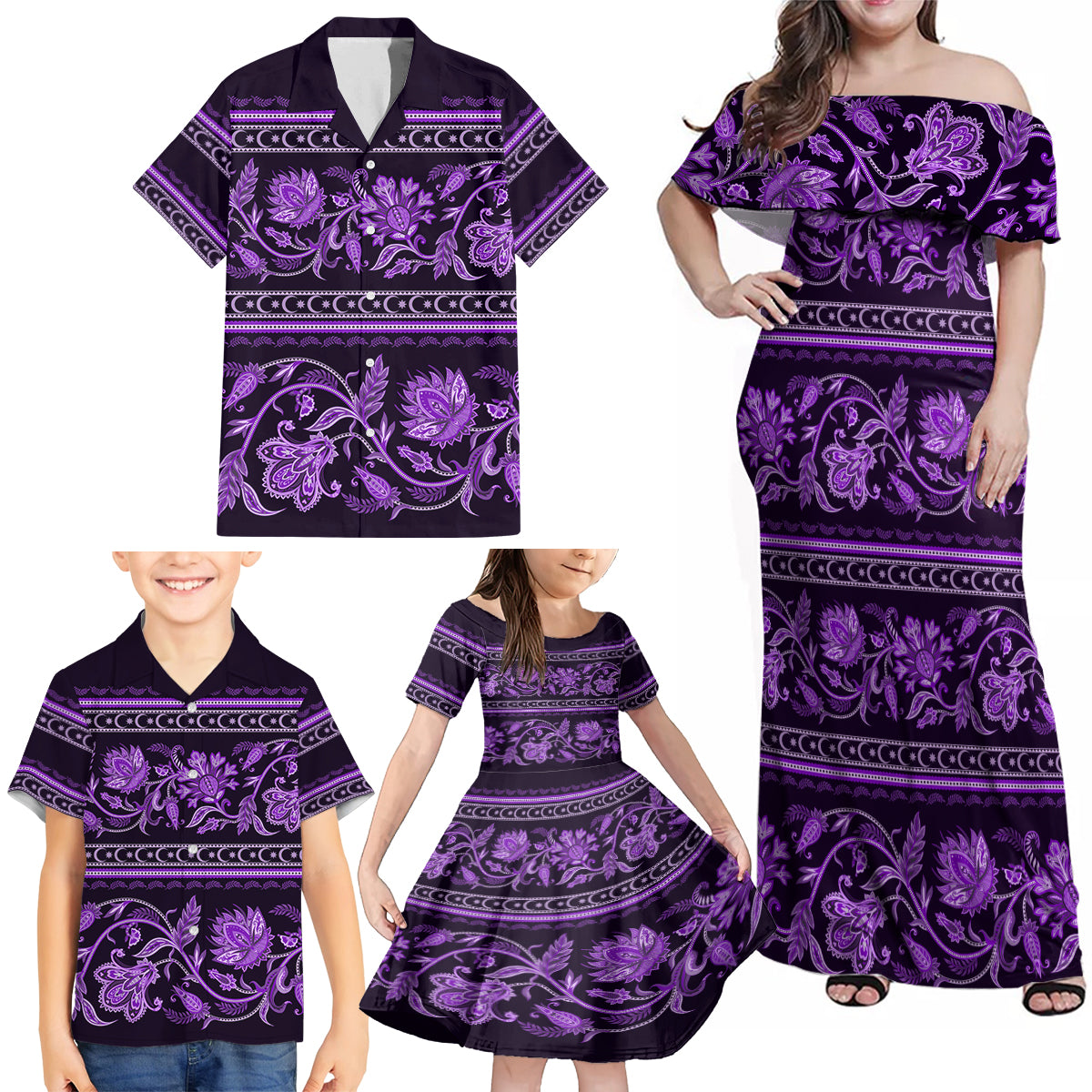 Azerbaijan Family Matching Off Shoulder Maxi Dress and Hawaiian Shirt Traditional Pattern Ornament With Flowers Buta Violet LT9 - Wonder Print Shop