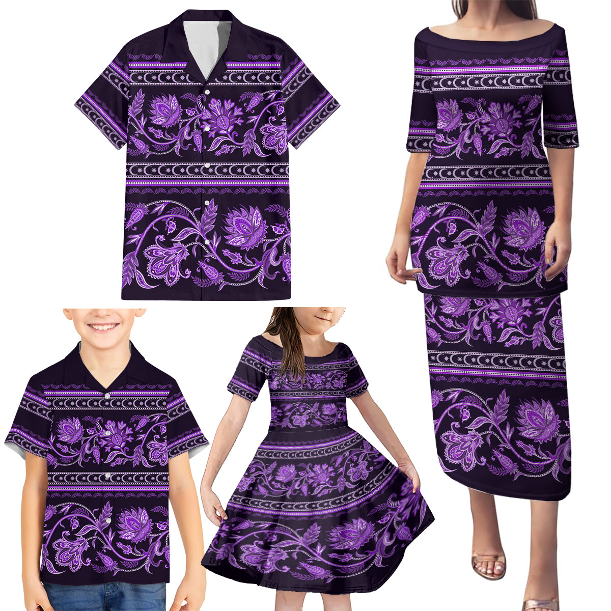 Azerbaijan Family Matching Puletasi Dress and Hawaiian Shirt Traditional Pattern Ornament With Flowers Buta Violet - Wonder Print Shop