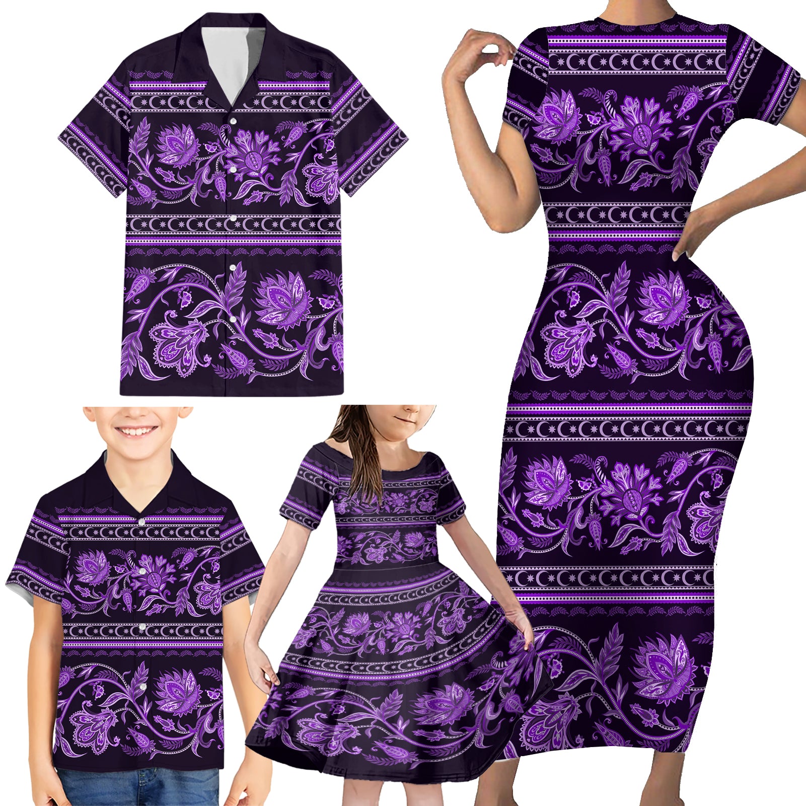 Azerbaijan Family Matching Short Sleeve Bodycon Dress and Hawaiian Shirt Traditional Pattern Ornament With Flowers Buta Violet - Wonder Print Shop