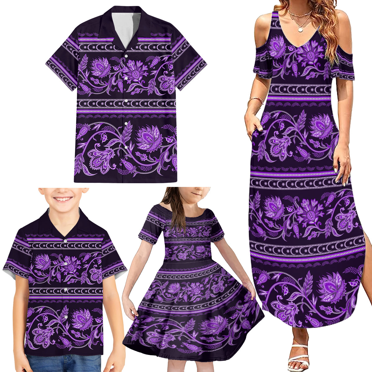 Azerbaijan Family Matching Summer Maxi Dress and Hawaiian Shirt Traditional Pattern Ornament With Flowers Buta Violet - Wonder Print Shop