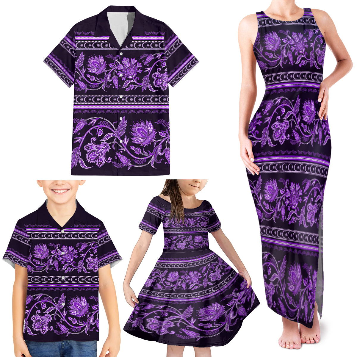 Azerbaijan Family Matching Tank Maxi Dress and Hawaiian Shirt Traditional Pattern Ornament With Flowers Buta Violet - Wonder Print Shop