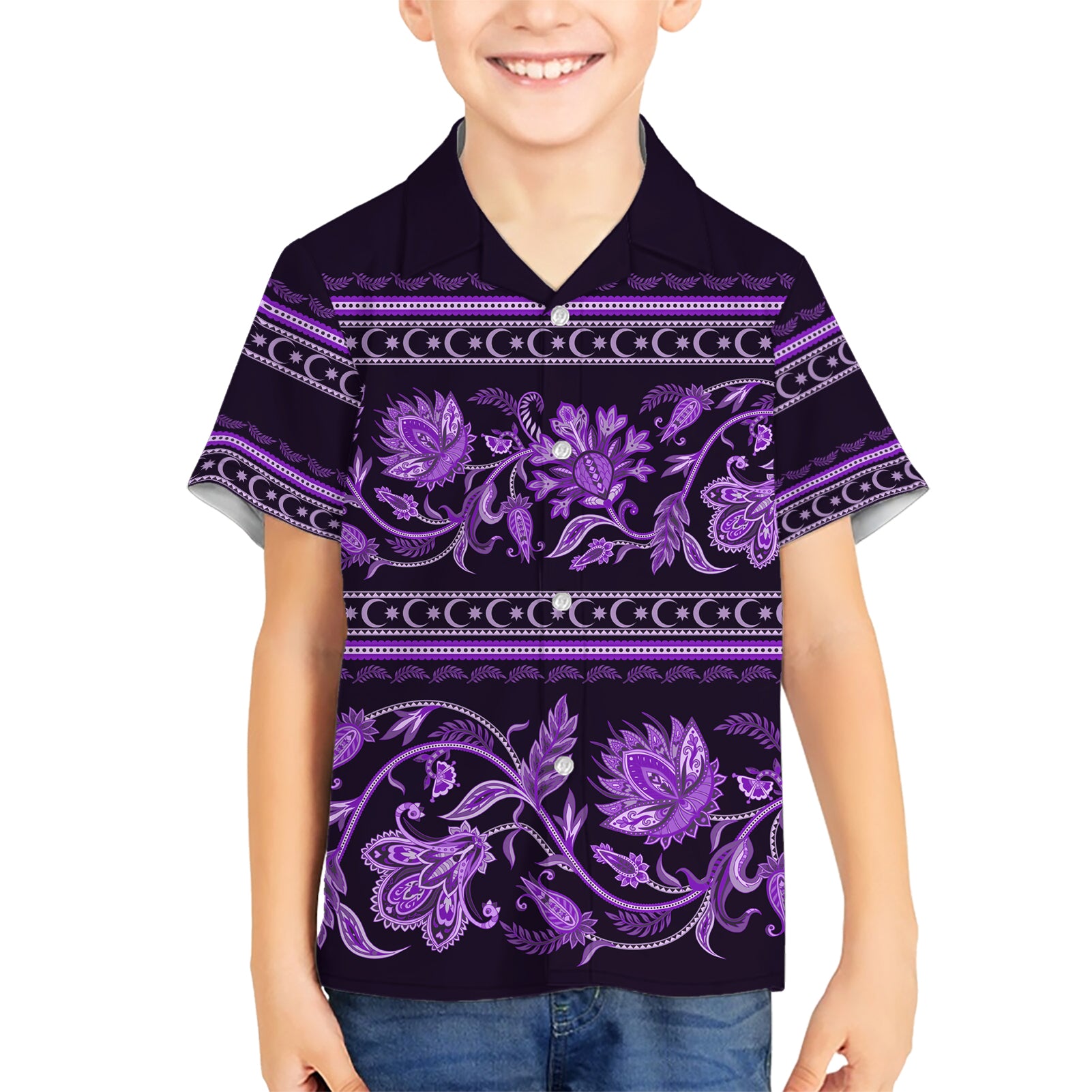 Azerbaijan Kid Hawaiian Shirt Traditional Pattern Ornament With Flowers Buta Violet - Wonder Print Shop