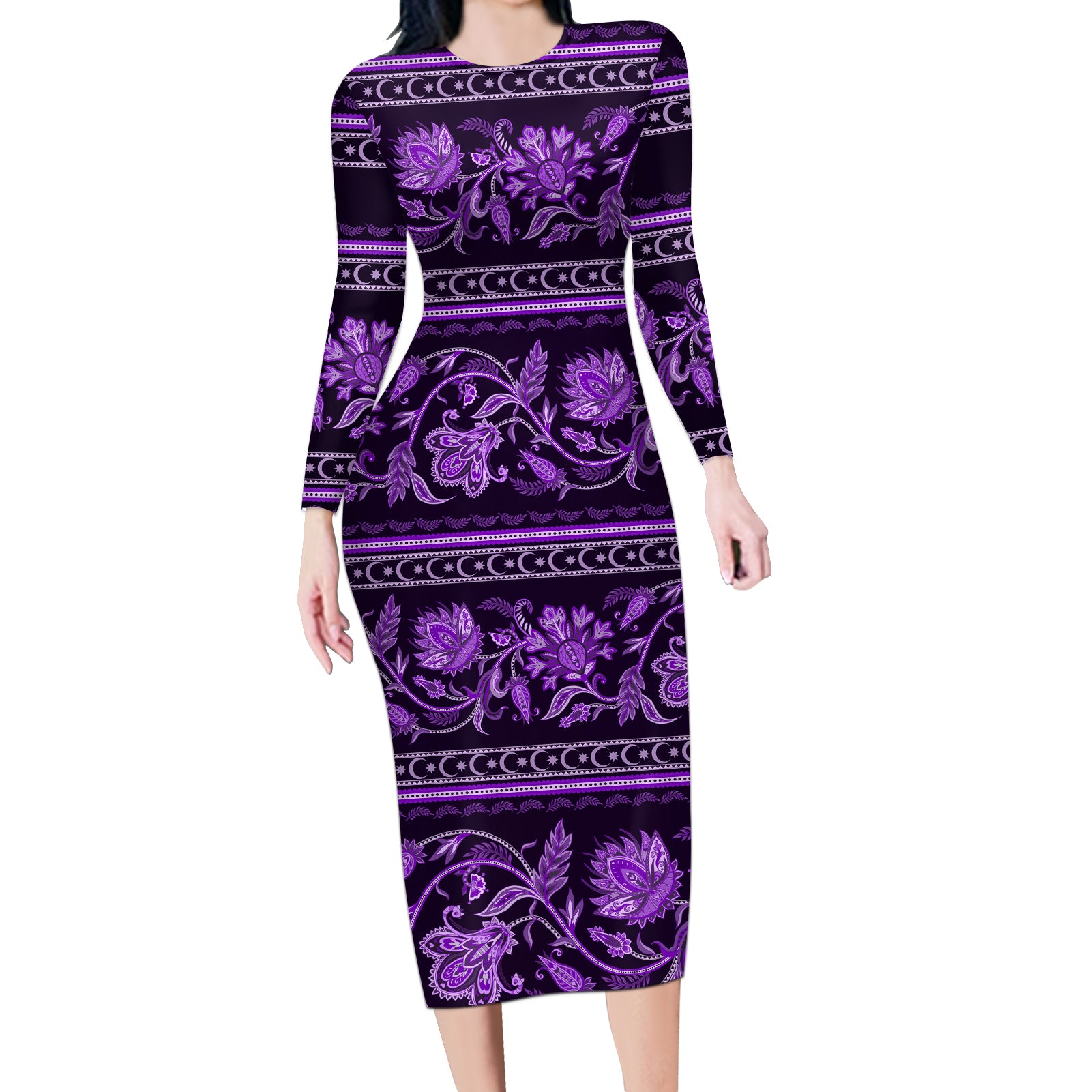 Azerbaijan Long Sleeve Bodycon Dress Traditional Pattern Ornament With Flowers Buta Violet - Wonder Print Shop