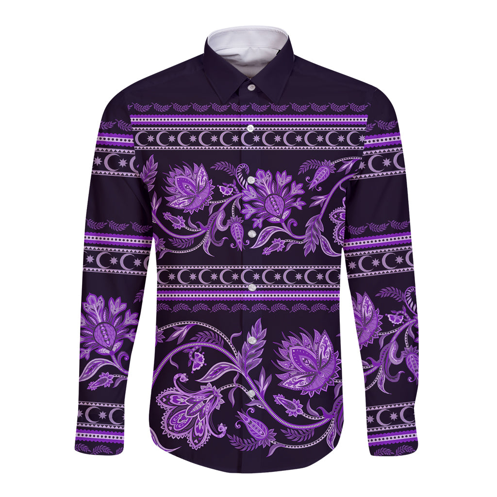 Violet long-sleeve button shirt with floral ornament and buta pattern, front view