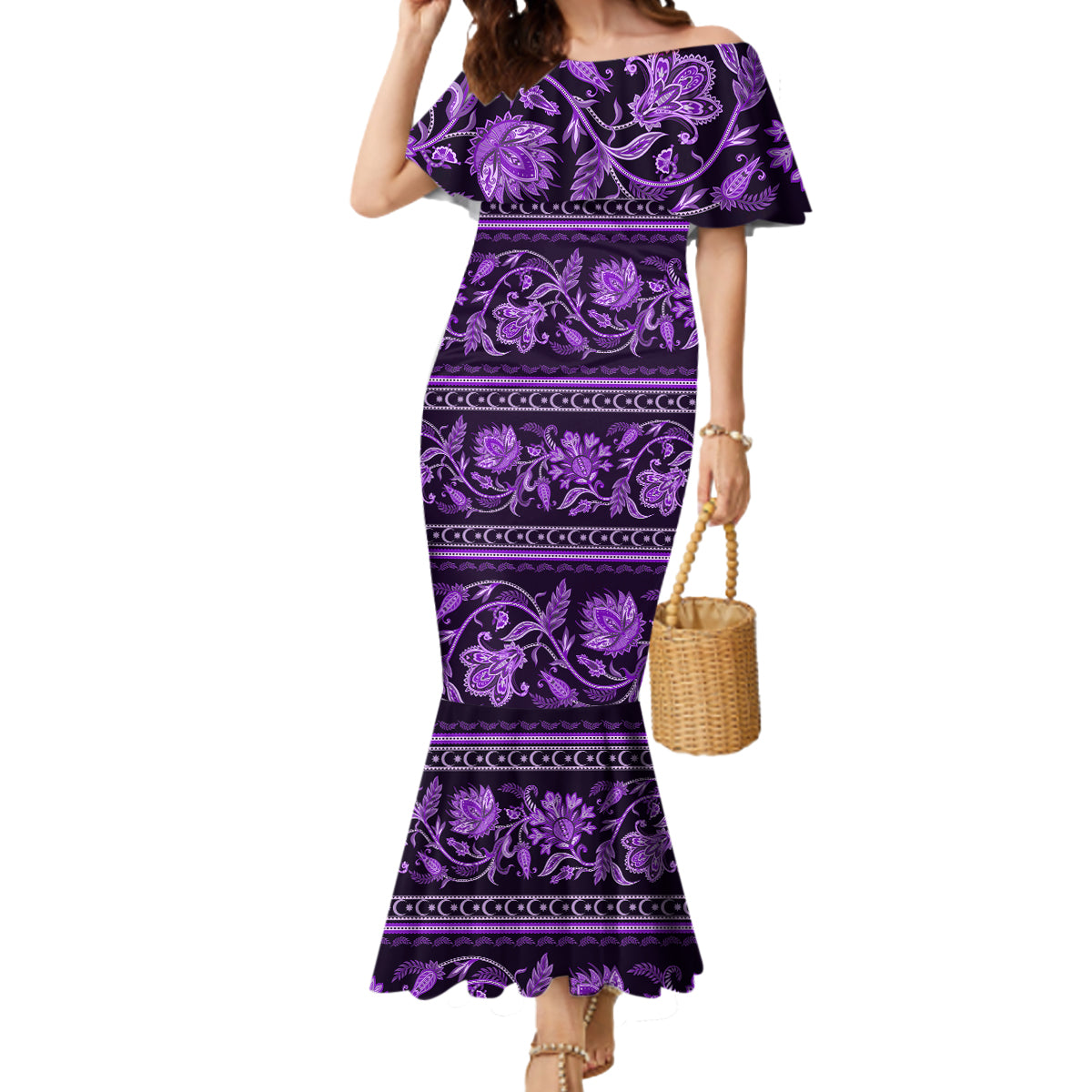 Azerbaijan Mermaid Dress Traditional Pattern Ornament With Flowers Buta Violet - Wonder Print Shop