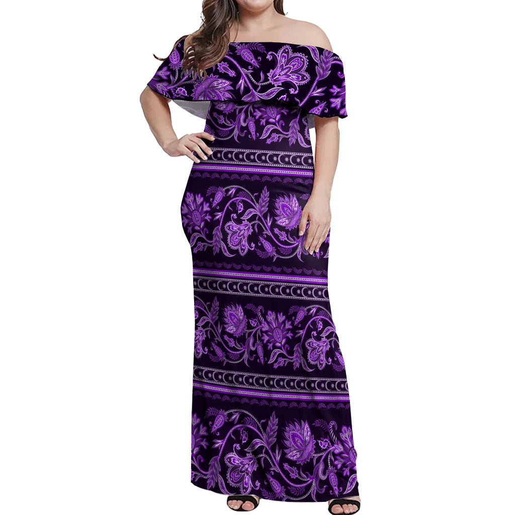 Azerbaijan Off Shoulder Maxi Dress Traditional Pattern Ornament With Flowers Buta Violet - Wonder Print Shop