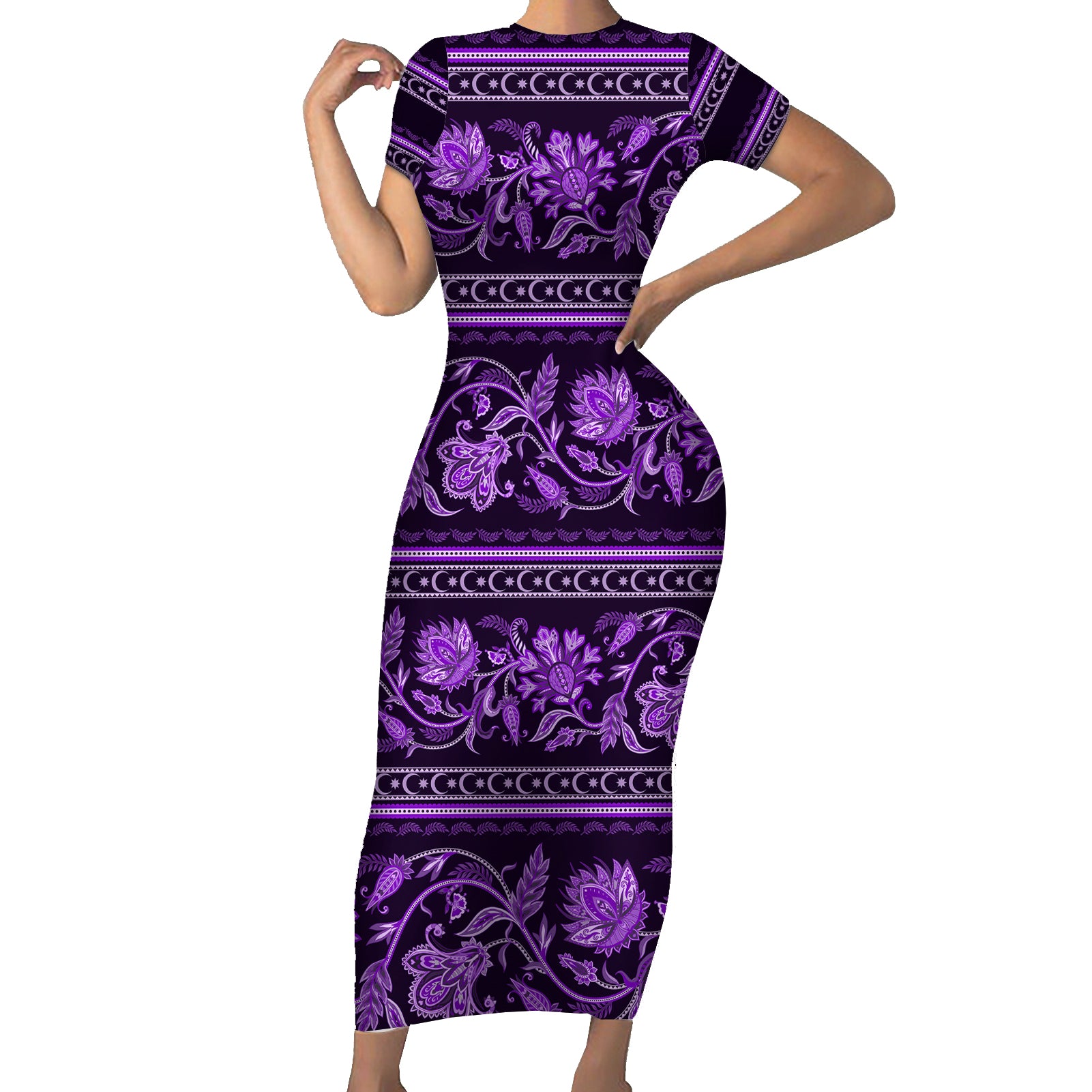 Azerbaijan Short Sleeve Bodycon Dress Traditional Pattern Ornament With Flowers Buta Violet - Wonder Print Shop