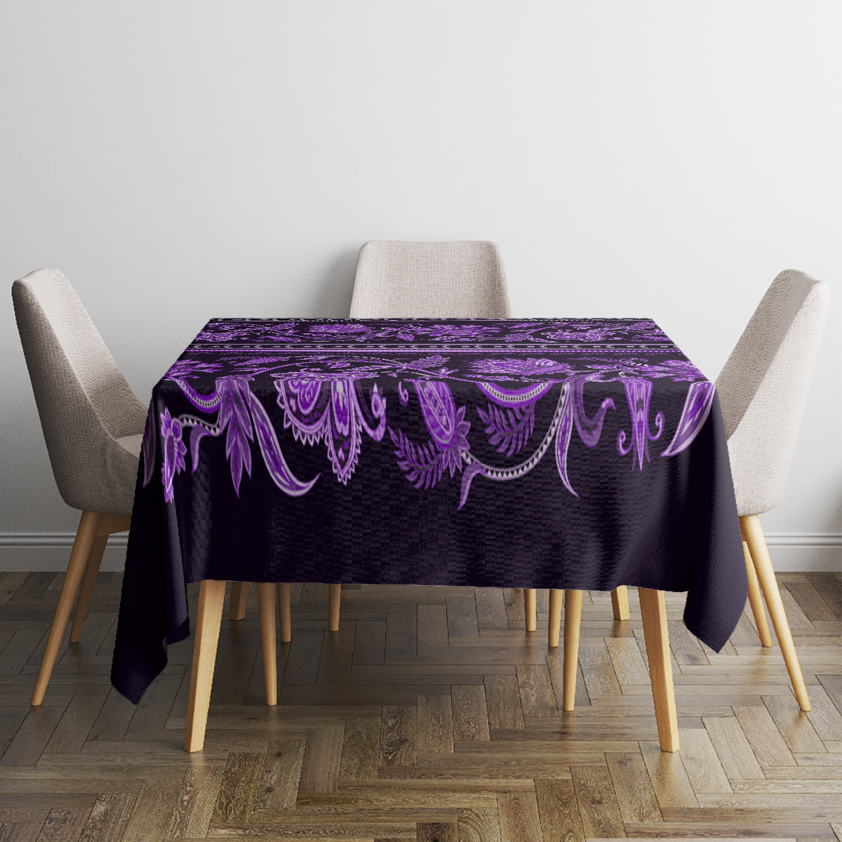 Violet round tablecloth with ornate floral band across top