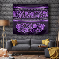 Purple tapestry with ornate floral and paisley patterns in violet