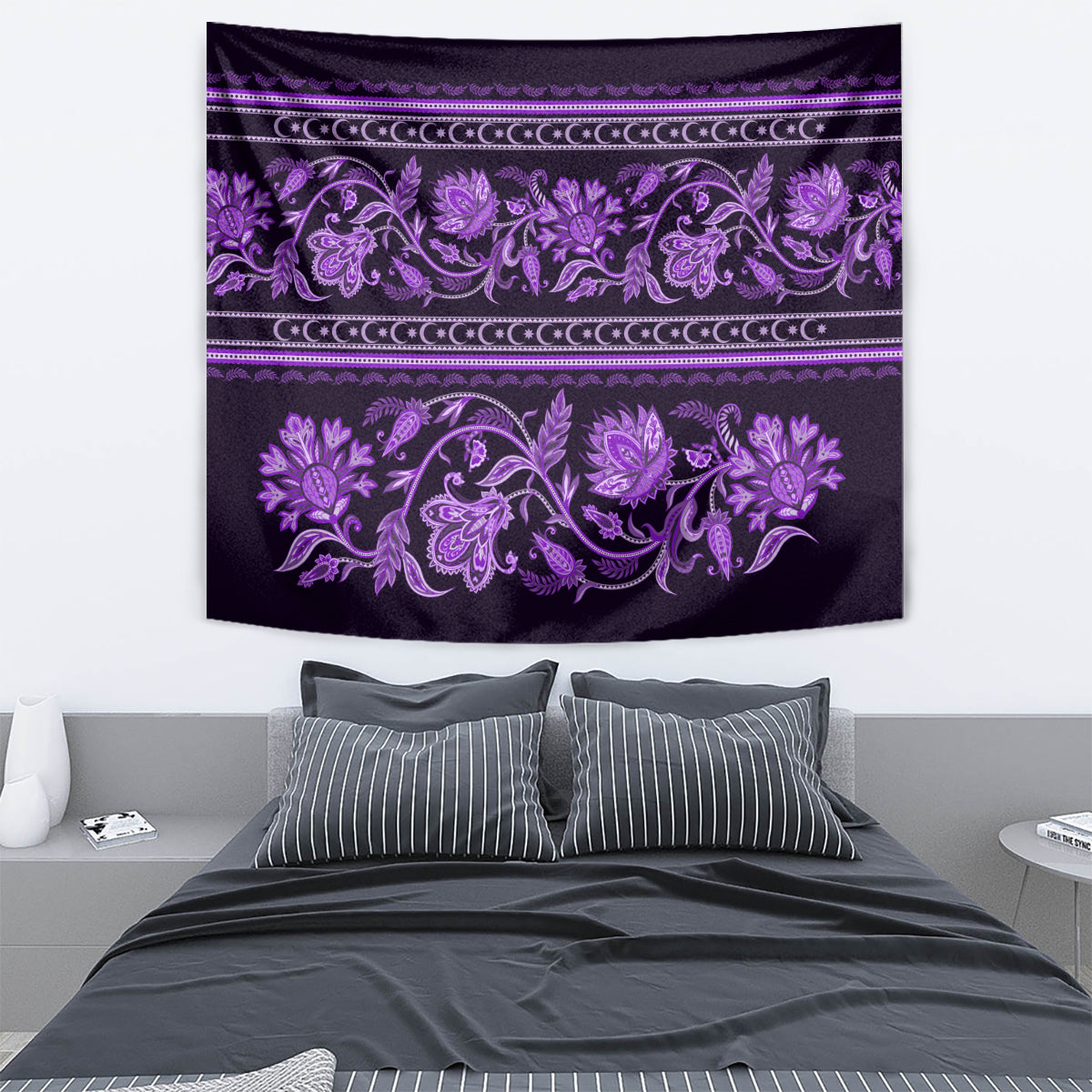Violet tapestry featuring detailed floral scrolls and decorative border bands