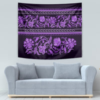 Dark purple floral tapestry with violet ornamental border stripes and vine motifs