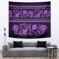 Violet ornamental tapestry with floral scroll designs and striped decorative bands