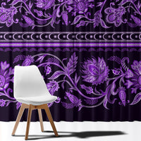 Purple curtain panel with large repeating floral ornament and decorative border bands