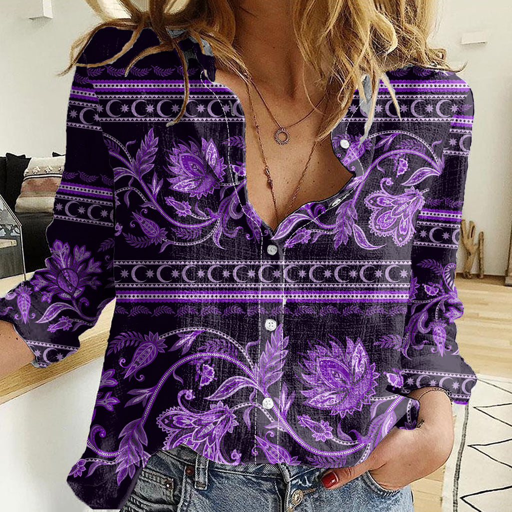 Azerbaijan Women Casual Shirt Traditional Pattern Ornament With Flowers Buta Violet - Wonder Print Shop